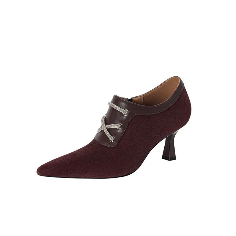 喜婆婆婚宴鞋子系带深口单鞋6.5厘米妈妈本命年酒红色气质高跟鞋