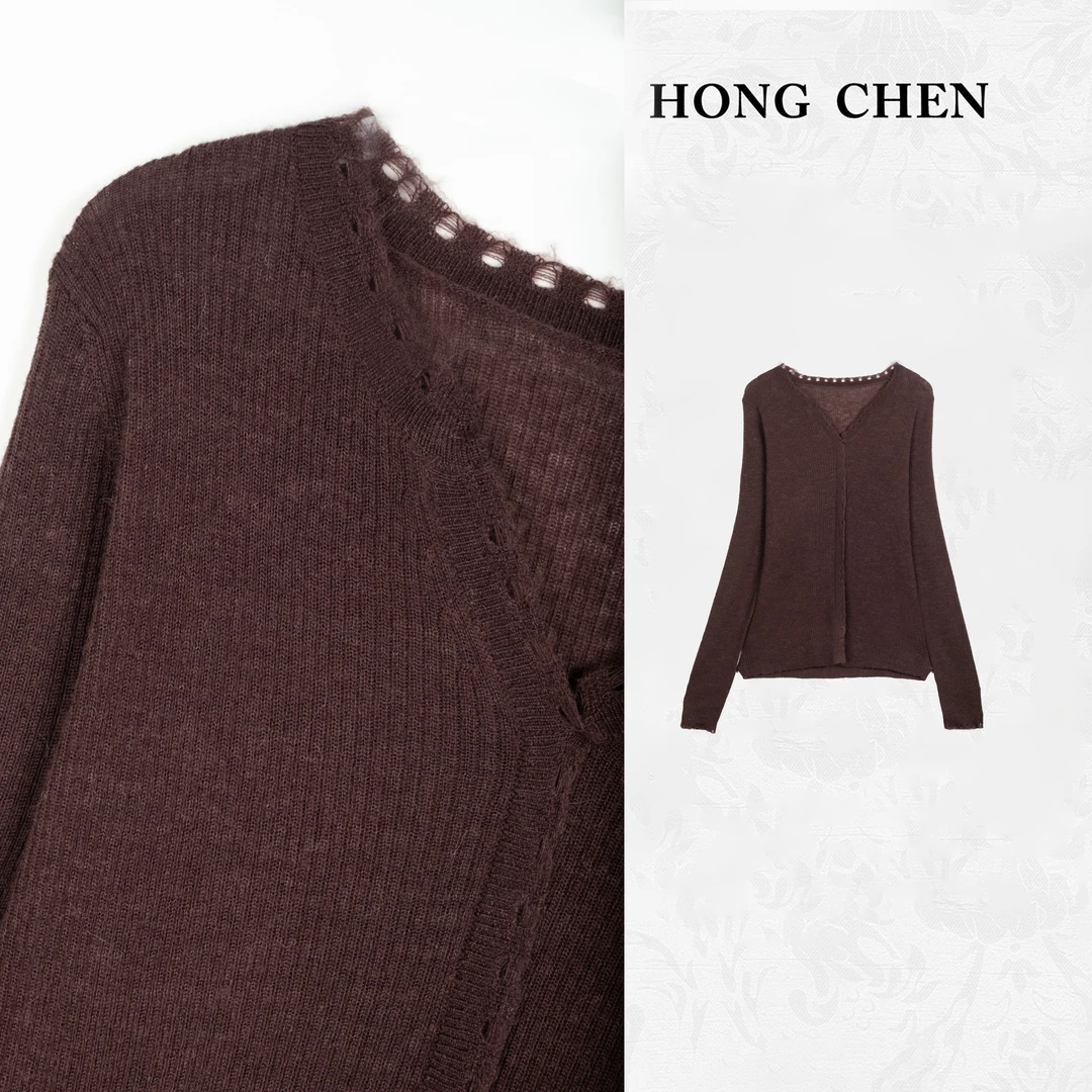 【虹辰·V领针织衫】高端时尚修身V领百搭显瘦高级感紫色小衫-HC1898