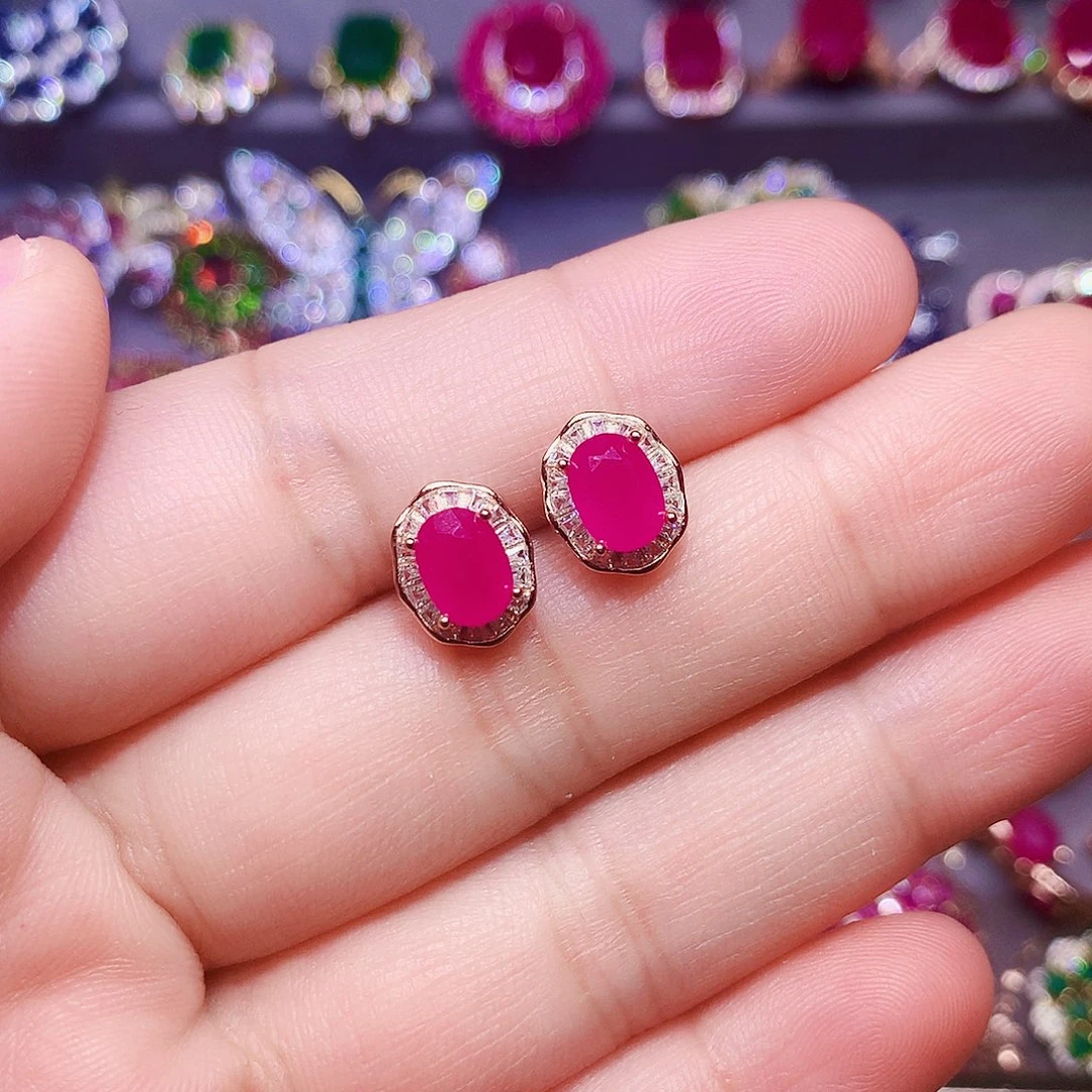 银S925镶嵌耳饰红宝石