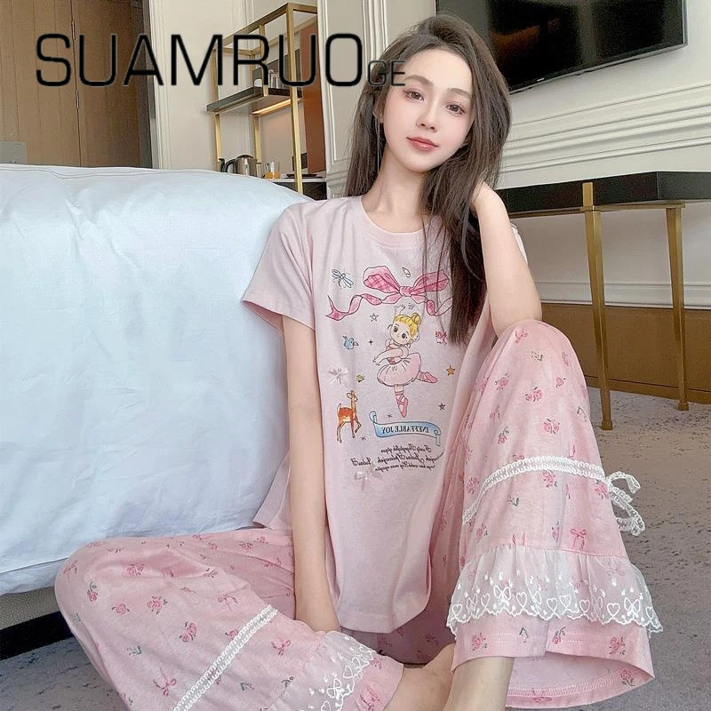 韩版小众小娃娃可爱睡衣女夏季纯棉短袖家居服套装可外穿薄款卡通