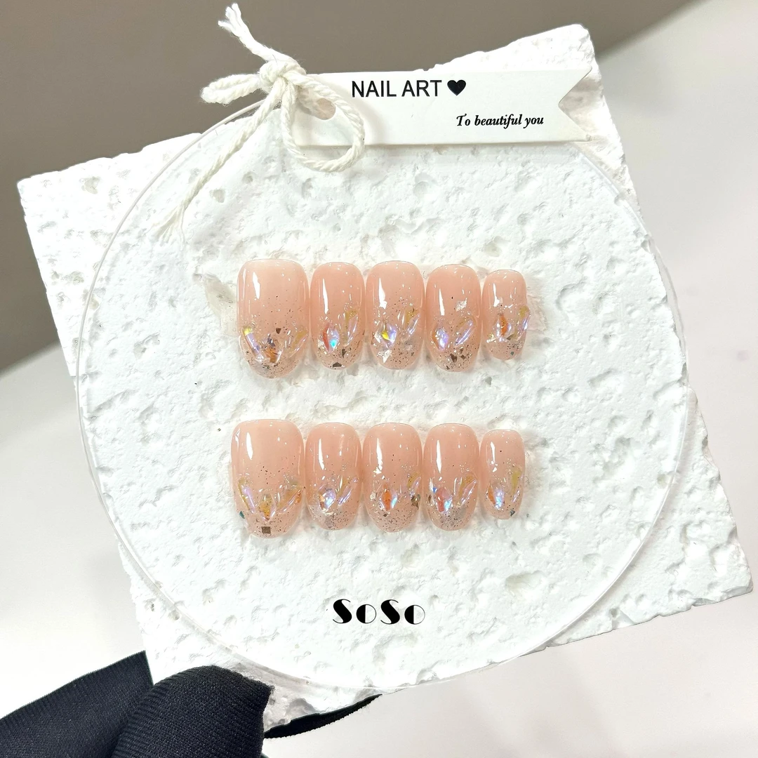 Nice SoSo【夏日碎钻】纯手工穿戴甲纯欲裸色极光钻温柔冰透小众