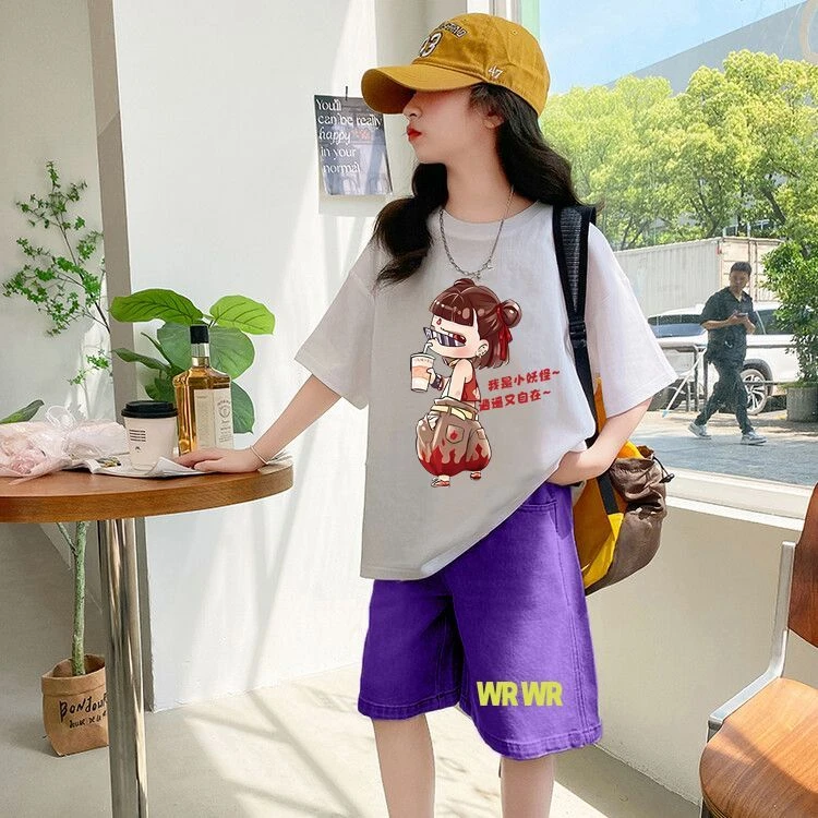 动漫白色纯棉儿童t恤短袖夏季中大童宽松公主风学生版外穿上衣ins