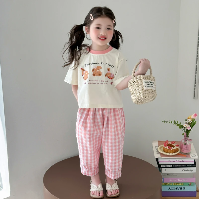 女童夏装套装2025新款洋气儿童短袖女宝宝夏季格子休闲裤两件套潮