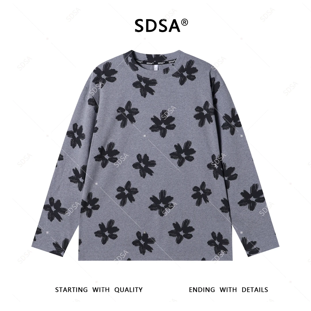 SDSA男士2025新款轻奢痞帅男装满印撞色花朵印花圆领长袖T恤百搭
