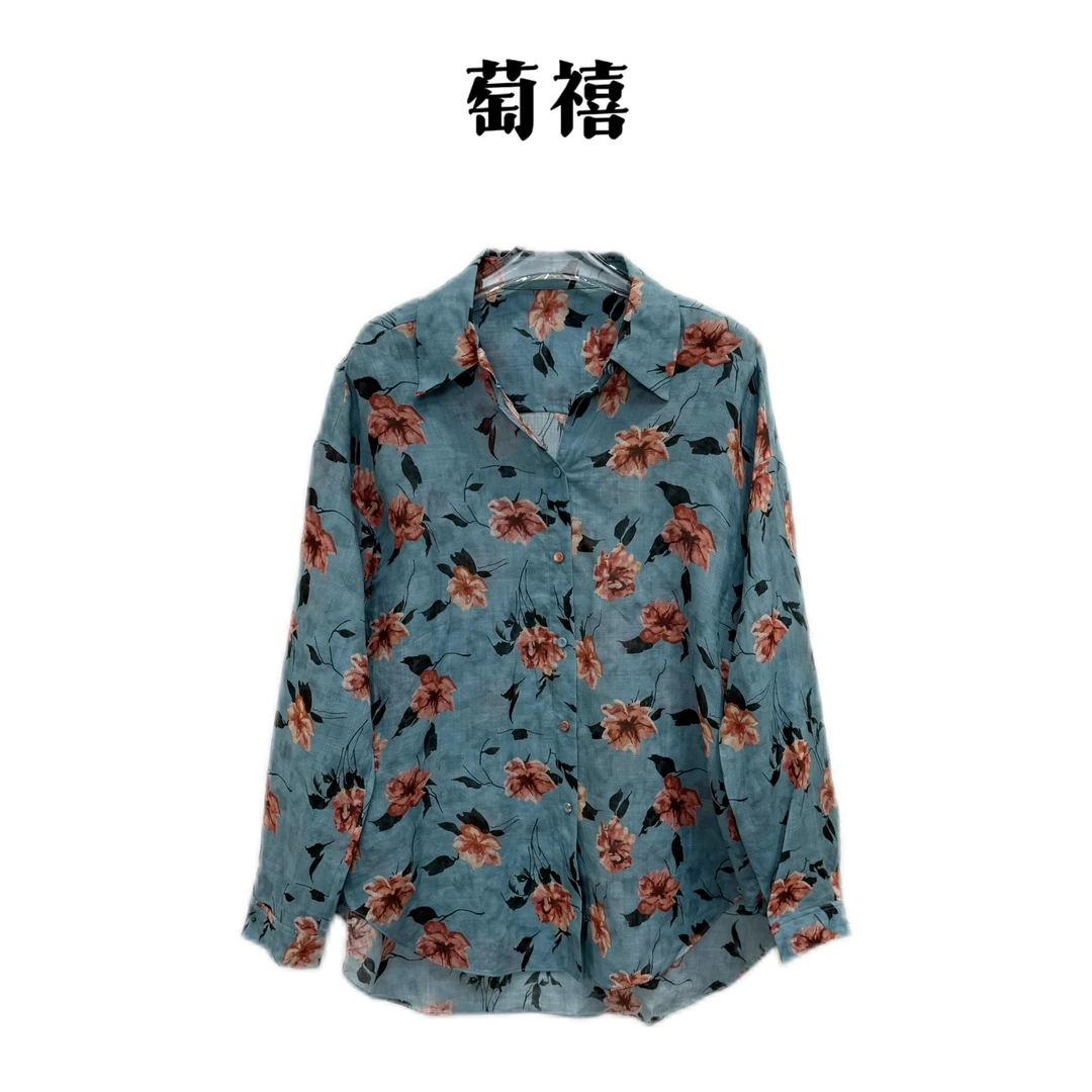 【萄禧-蓝花轻吟】新款时尚高级花卉百搭休闲衬衫碎花衬衣KDN2215