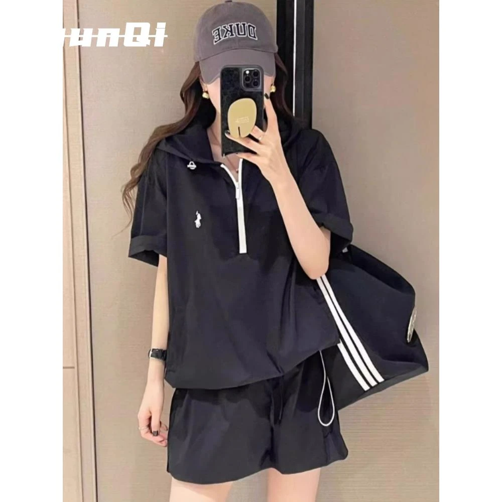 淳启夏装搭配一整套运动防晒连帽短袖女 大码胖mm宽松显瘦两件套