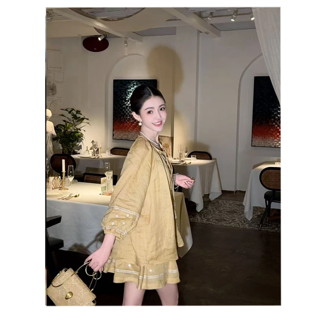 29-宝儿家含幂BF61125204XQ刺绣苎麻松弛感上衣裙子两件套