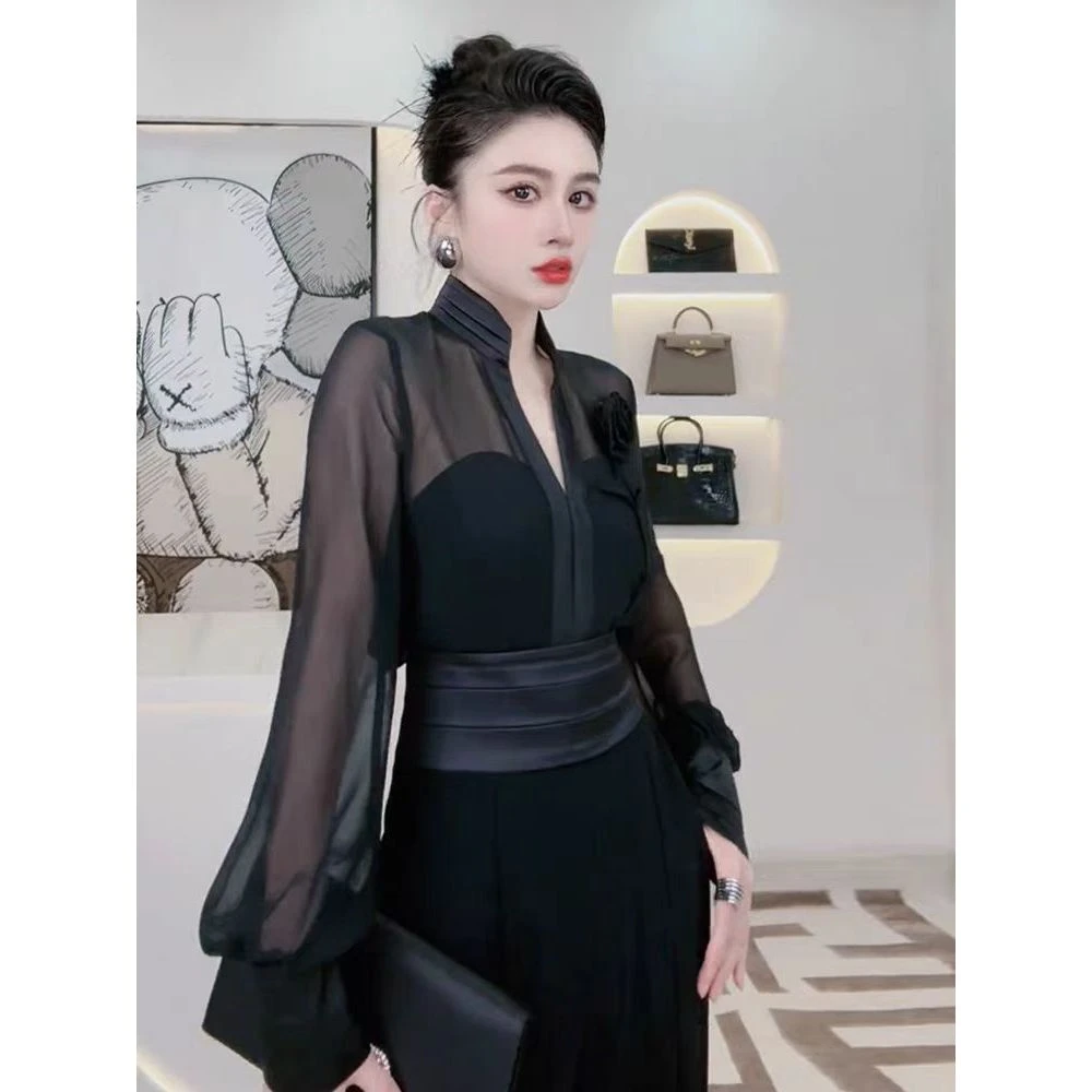 【黑玫瑰】黑色薄纱长袖衬衫设计感雪纺防晒立体玫瑰花气质上衣8173