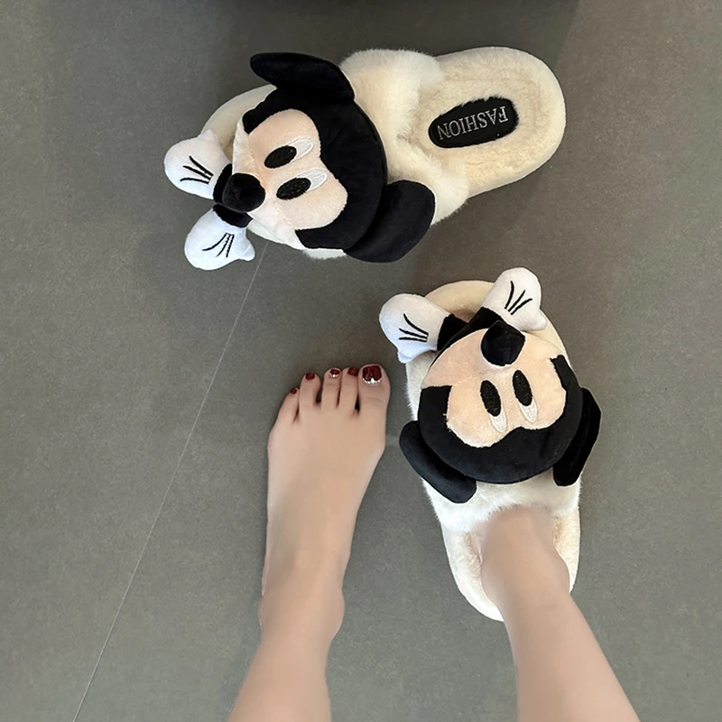 可爱卡通老鼠布偶一字毛毛鞋女2025年秋冬季新款外穿厚底毛绒鞋子