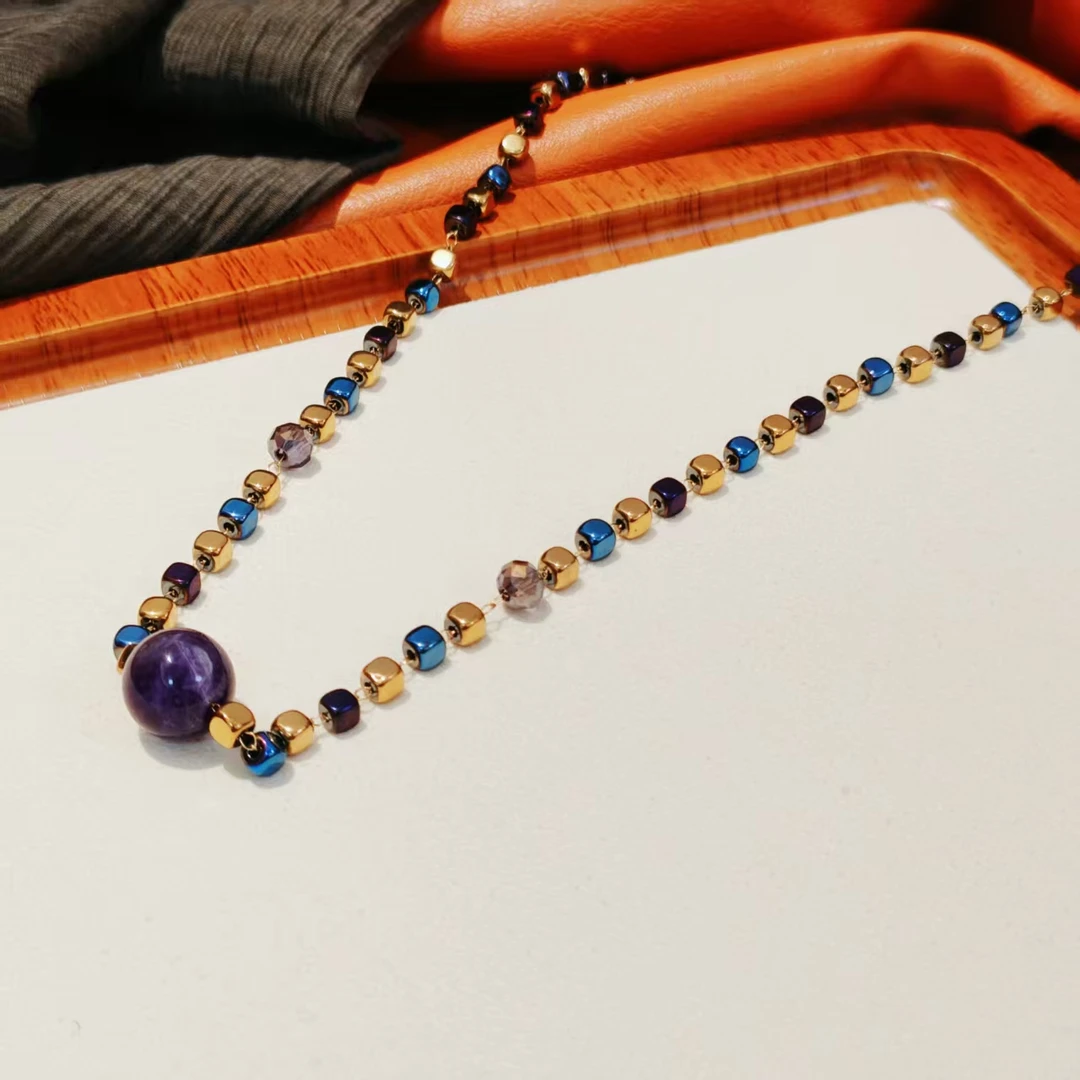 钛钢石英石项链 时尚百搭气质复古国风紫色项链XL573