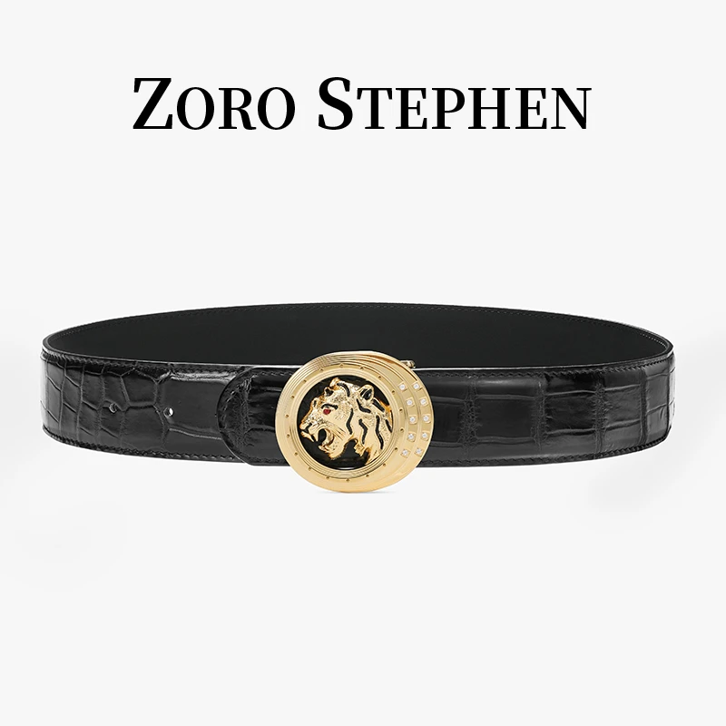 佐罗史蒂芬虎头镀金扣真鳄鱼皮黑色百搭男士轻奢腰带时尚高档皮带