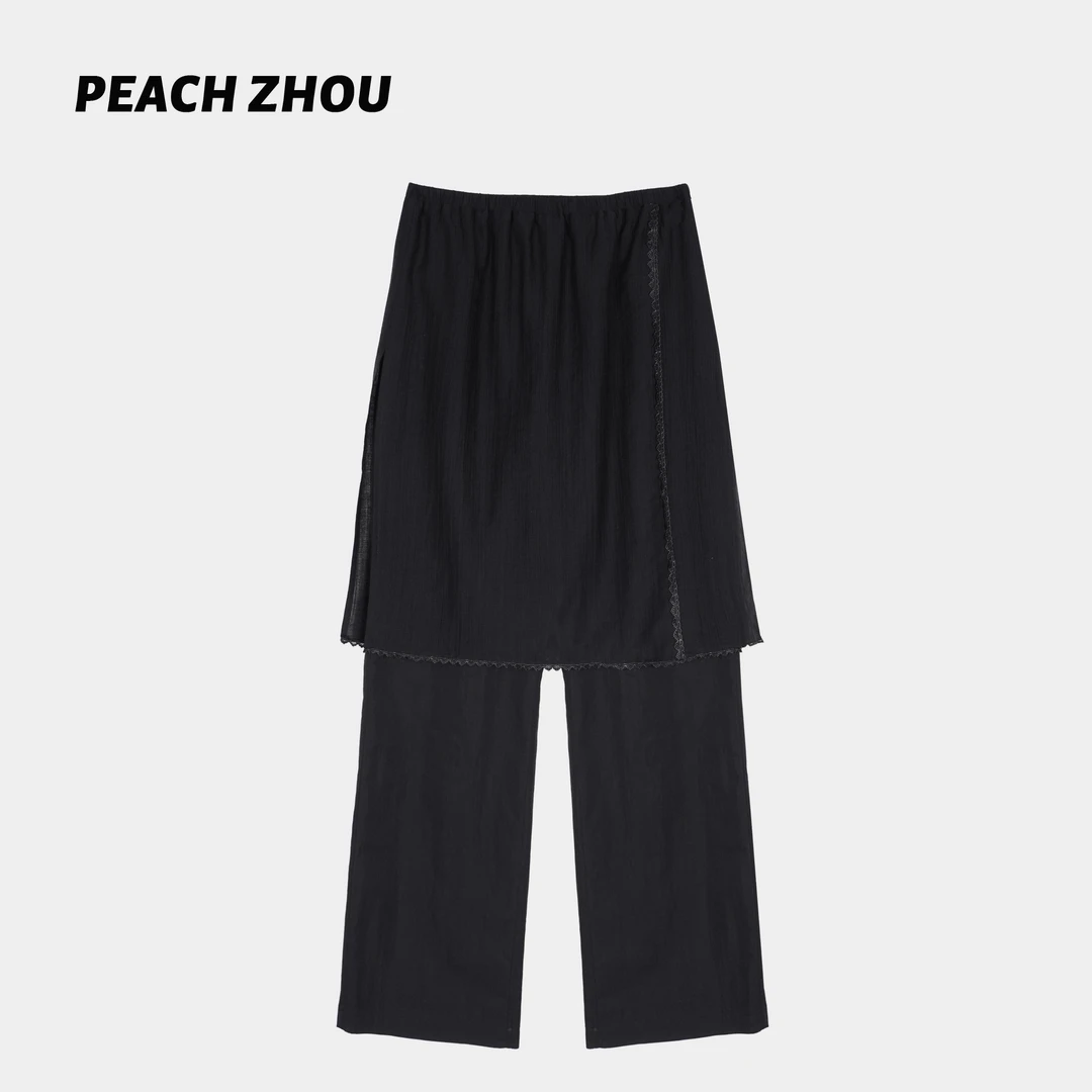 『PEACHZHOU』肌理蕾丝花边宽松直筒松紧腰韩式叠穿假两件休闲裙裤