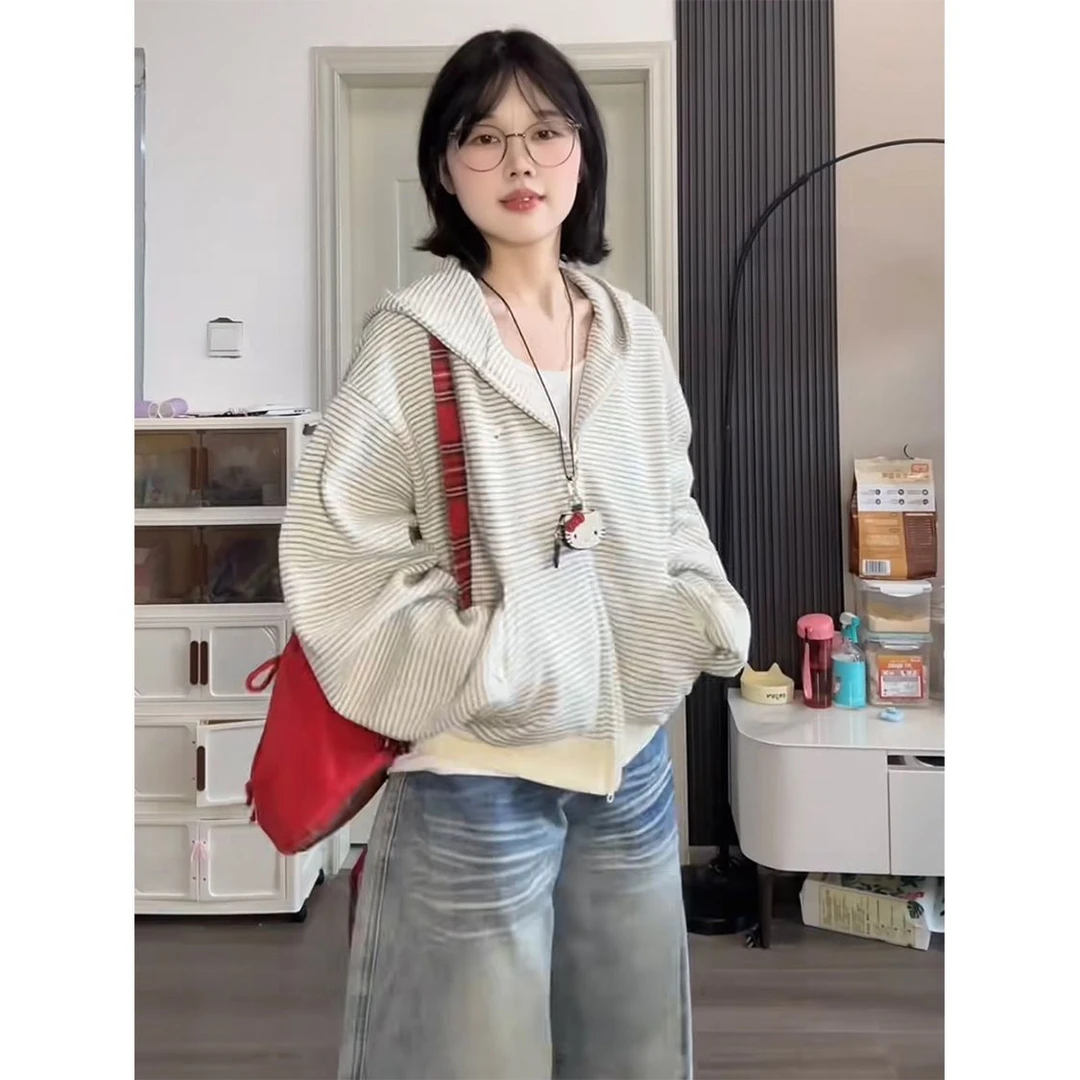 流光风韩版条纹拉链显瘦秋冬外套设计感连帽加绒加厚卫衣女宽松潮
