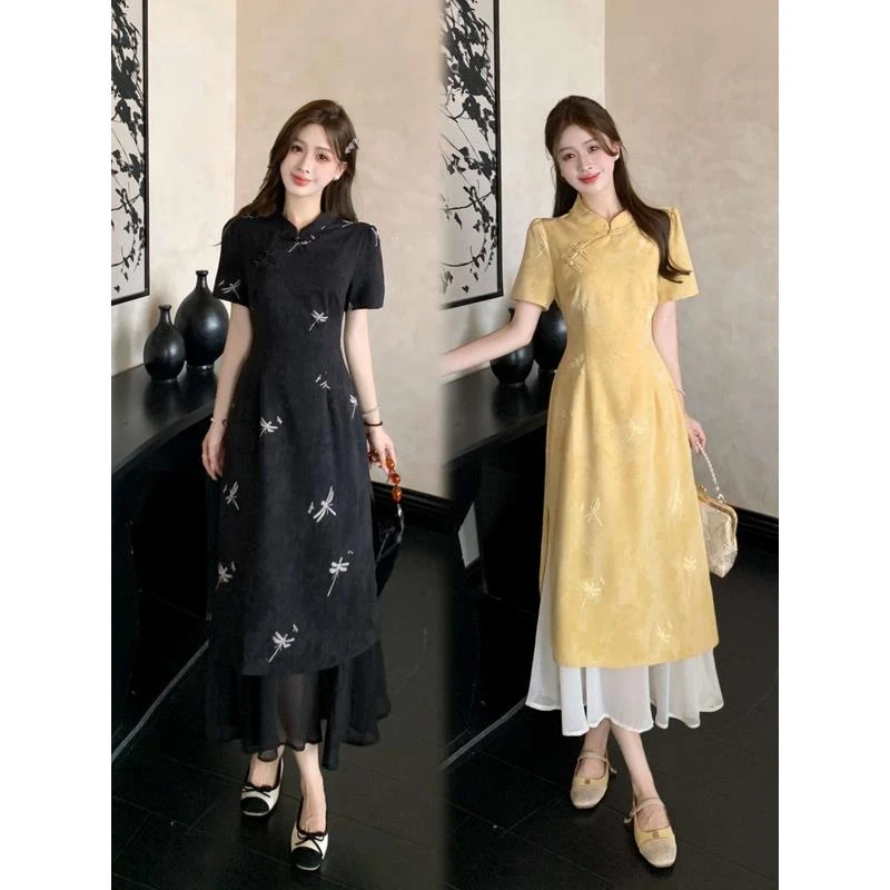 2025大码女装夏新款百搭显瘦遮肉新中式国风改良旗袍假两件连衣裙