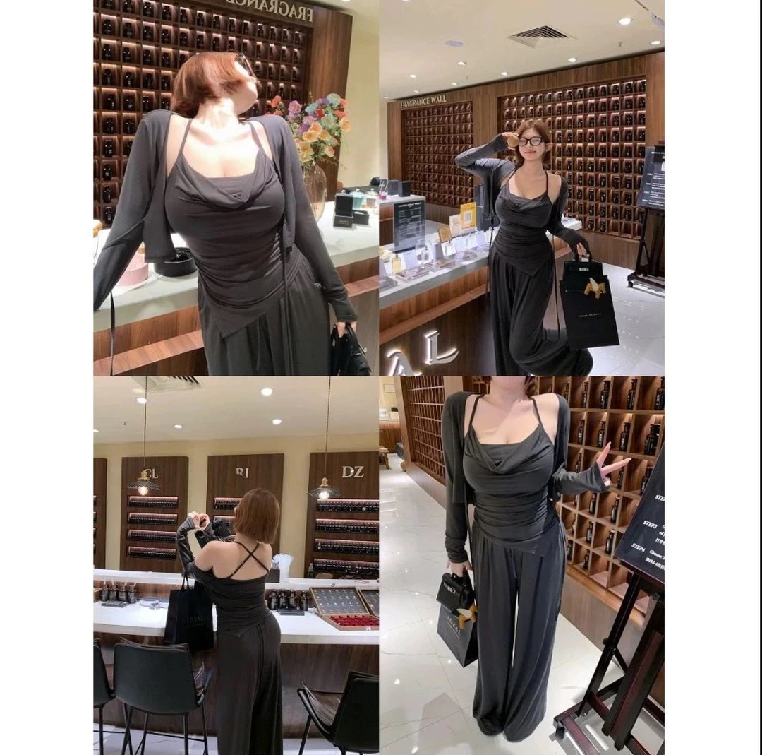 大码胖mm纯欲风美背挂脖上衣显瘦防晒外披阔腿裤三件套