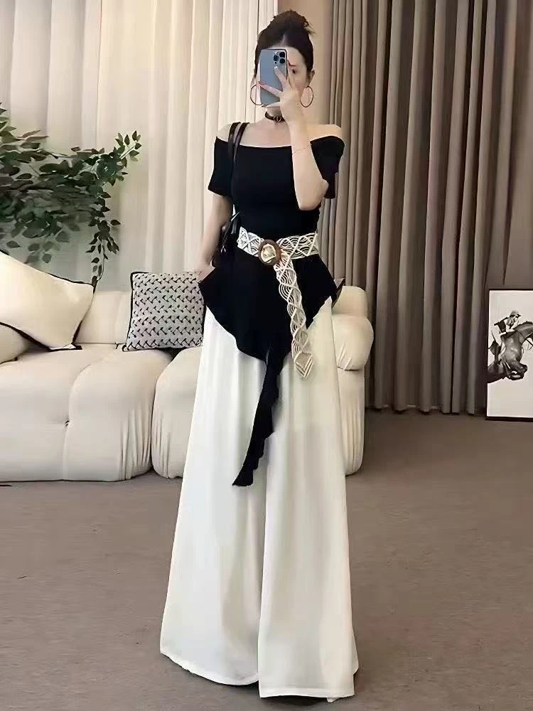 一字肩上衣套装2025新款不规则短袖T恤夏季高腰休闲阔腿裤两件套