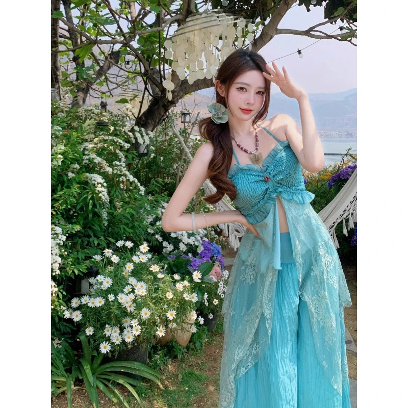 夏季多巴胺海边度假风不规则蕾丝拼接吊带上衣直筒阔腿裤两件套装