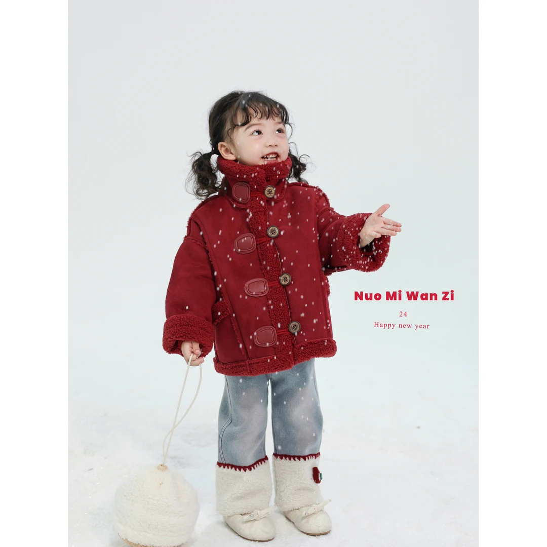 丸子十【现货】儿童韩系百搭皮毛一体牛角扣红色外套（冬款）WZJ-6030