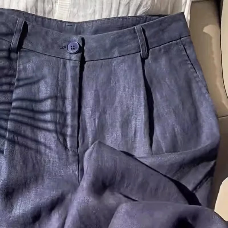 藏蓝色休闲亚麻裤女2025秋季新款时尚通勤风气质百搭直筒阔腿长裤