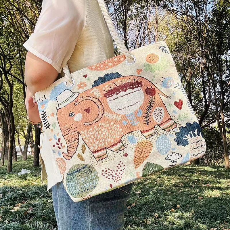 w656新款帆布包包女大容量单肩手提包托特包提花刺绣时尚百搭逛街