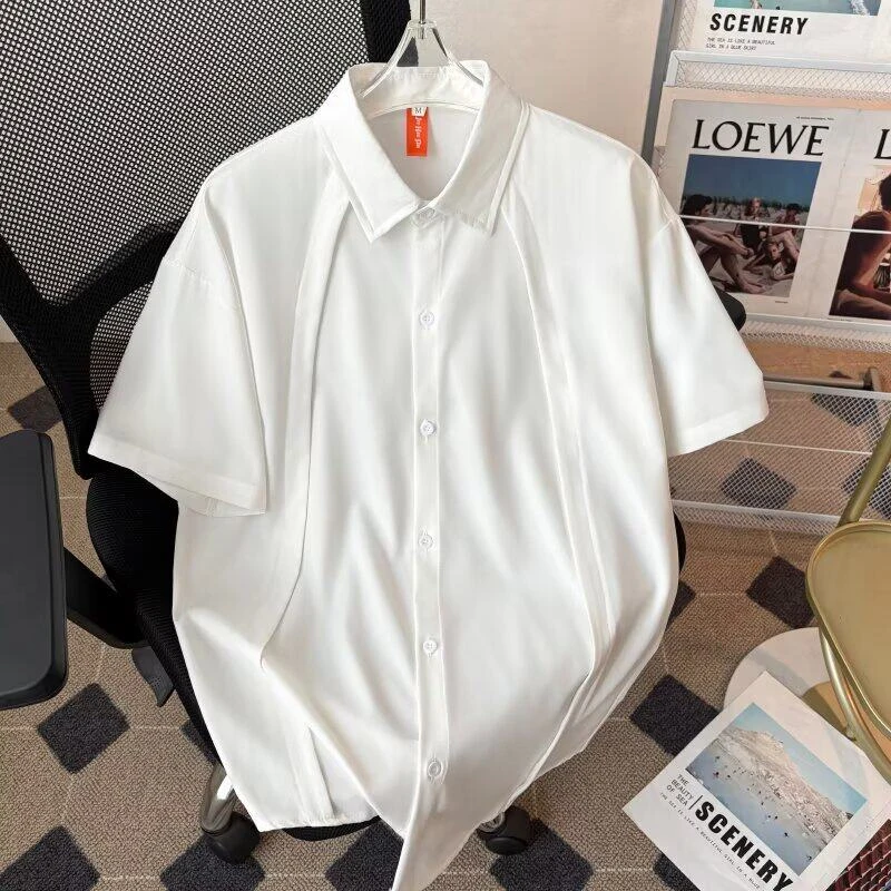 仓石一树夏季薄款短袖衬衫男休闲潮流外穿衬衣服纯色轻奢痞帅男装