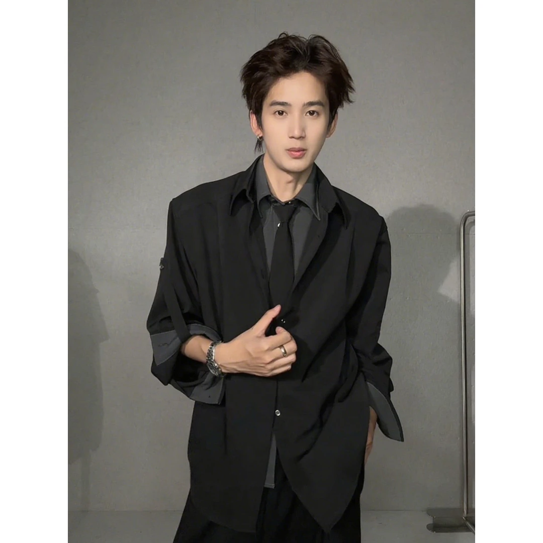 假两件领带拼接设计衬衫男秋季极简风高级感穿搭西装外套韩系上衣