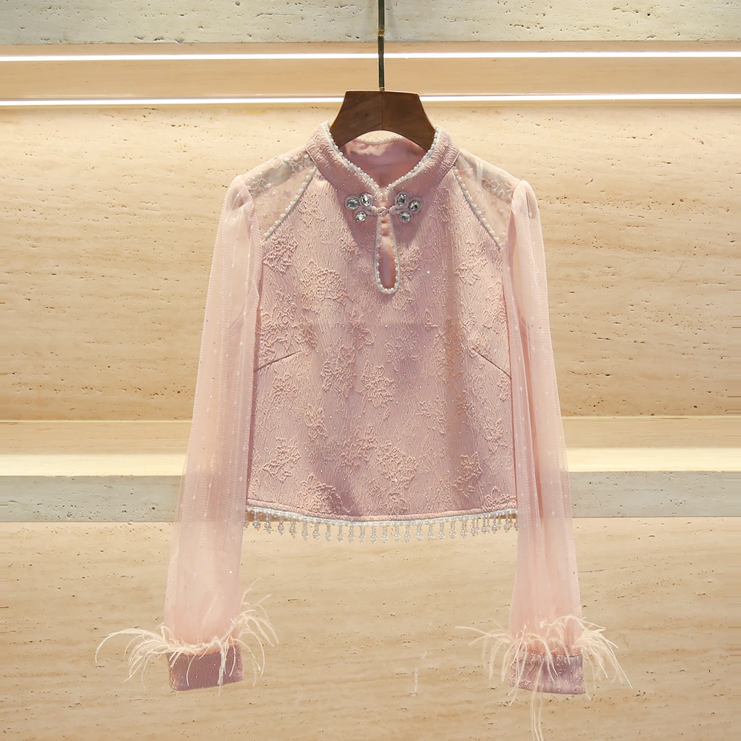 【安妮老板】MIUMEM两件套流苏羽毛蕾丝长袖提花上衣套装夏LA6758