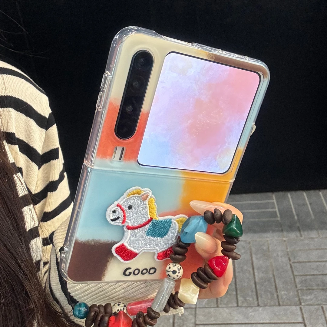 适用华为purax折叠屏手机壳彩色拼接PuraX色块立体刺绣小白马链条