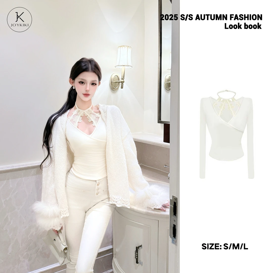 JOYKIKI金金【心动记忆】秋季气质拼接蕾丝设计挂脖上衣J25D006