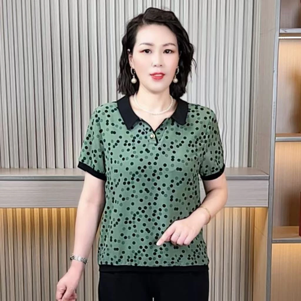 妈妈装夏季翻领休闲风气质时尚短款中老年女装洋气显瘦大码短袖