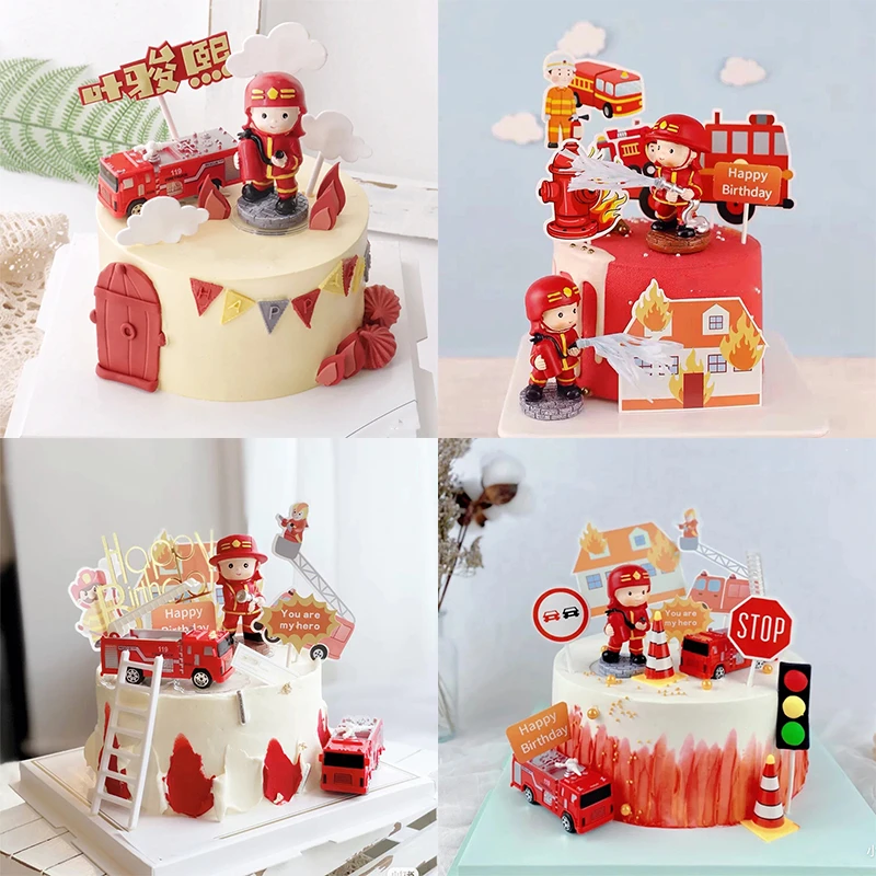 消防车消防员蛋糕装饰摆件生日插牌插件男孩网红流行创意儿童吊车