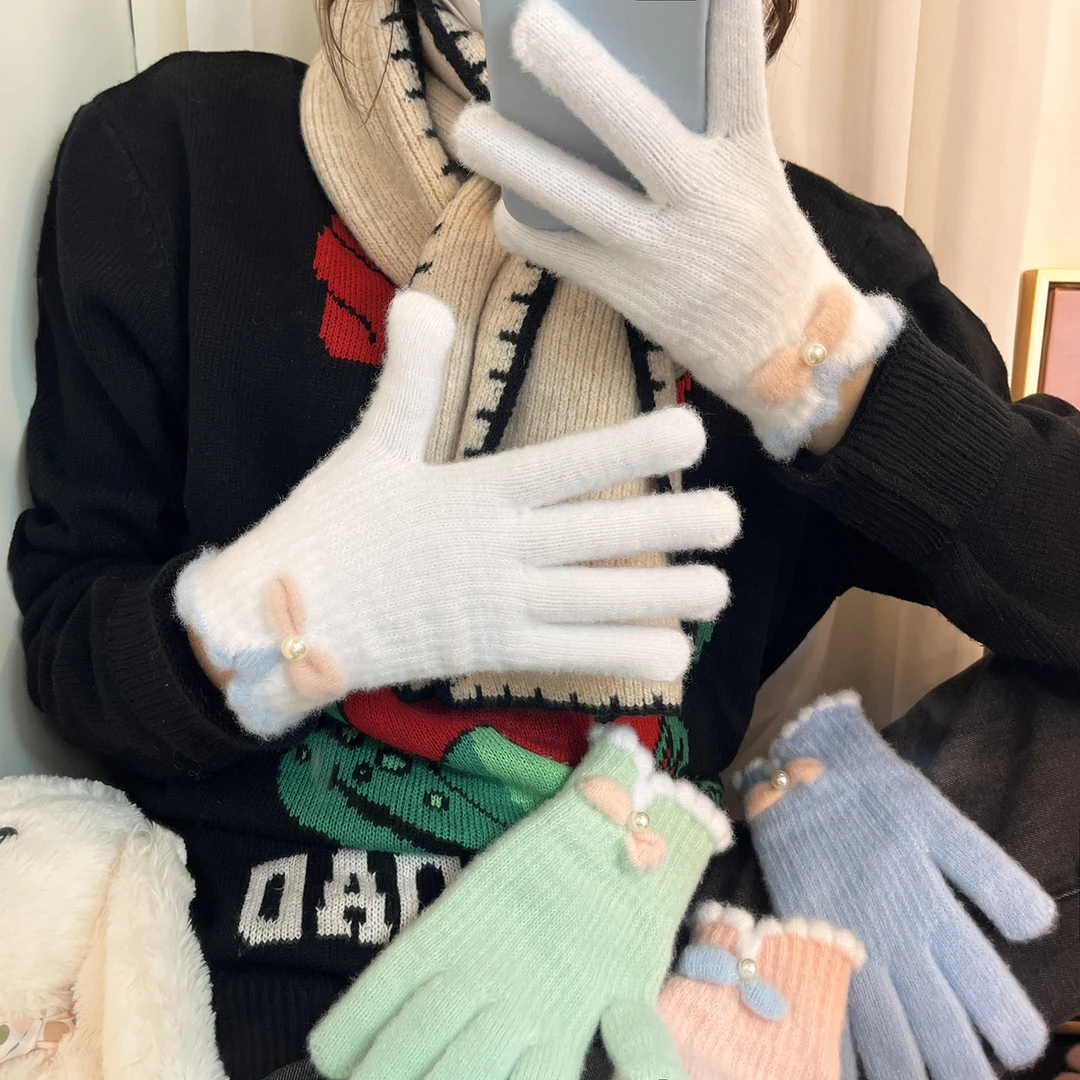 毛线手套女2025新款冬季可爱触屏加绒加厚保暖骑行车冬天防寒防风