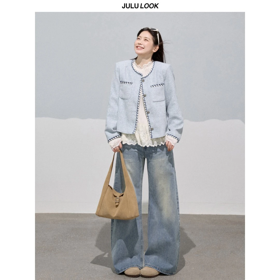 巨鹿工作室“德林周刊”微胖mm小香风外套/针织衫/牛仔裤大码套装