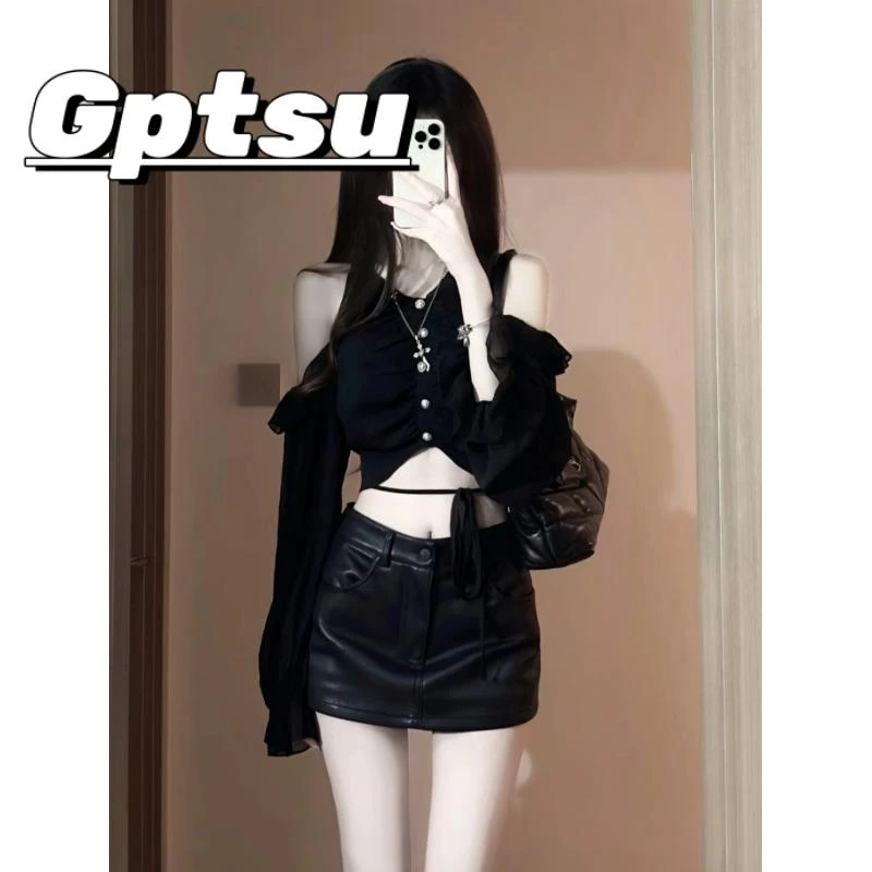 GPTSu夏季小个子茶系穿搭黑色雪纺衬衫包臀短皮裙辣妹两件套装女