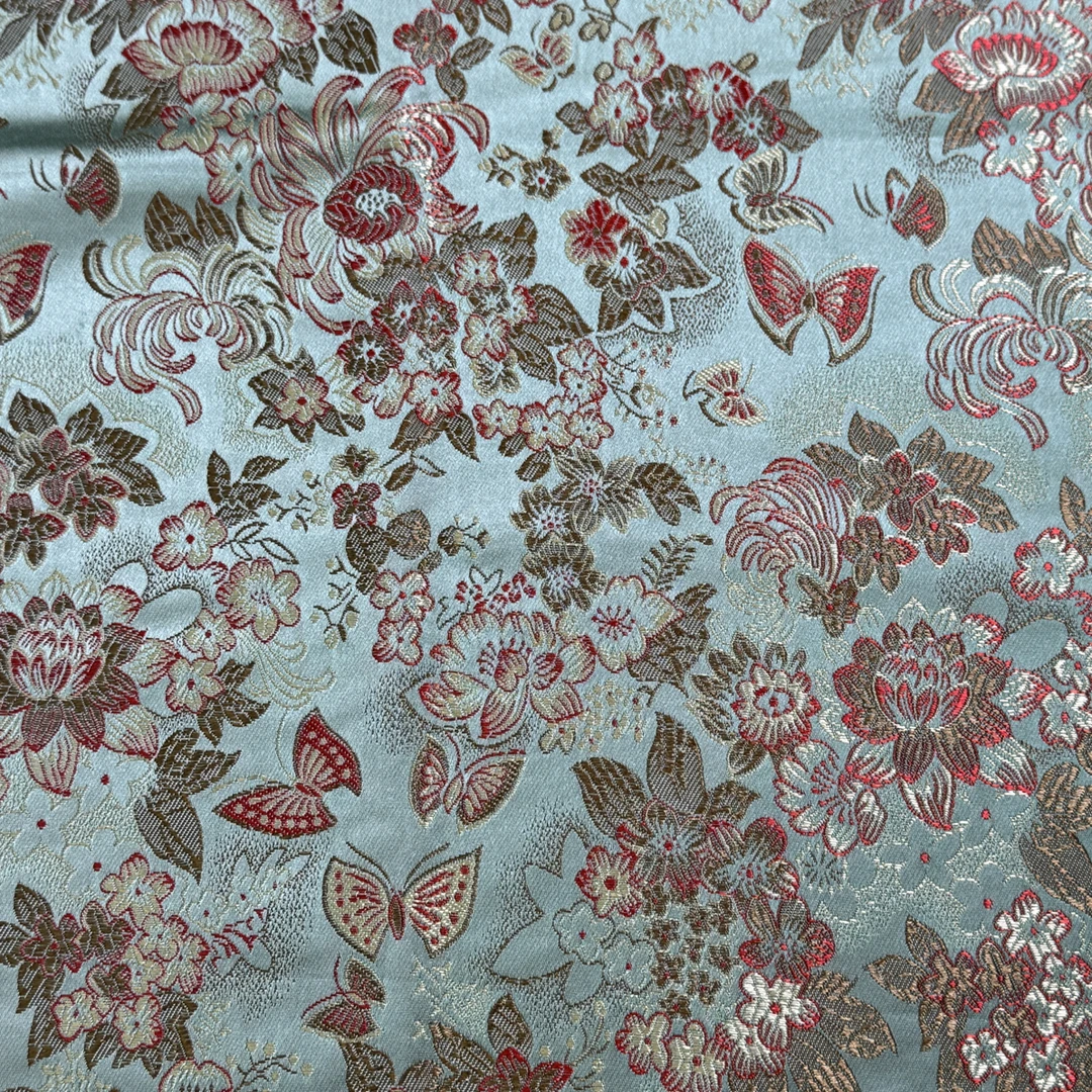 草绿色莲花蝴蝶织锦缎面料幅宽70公分