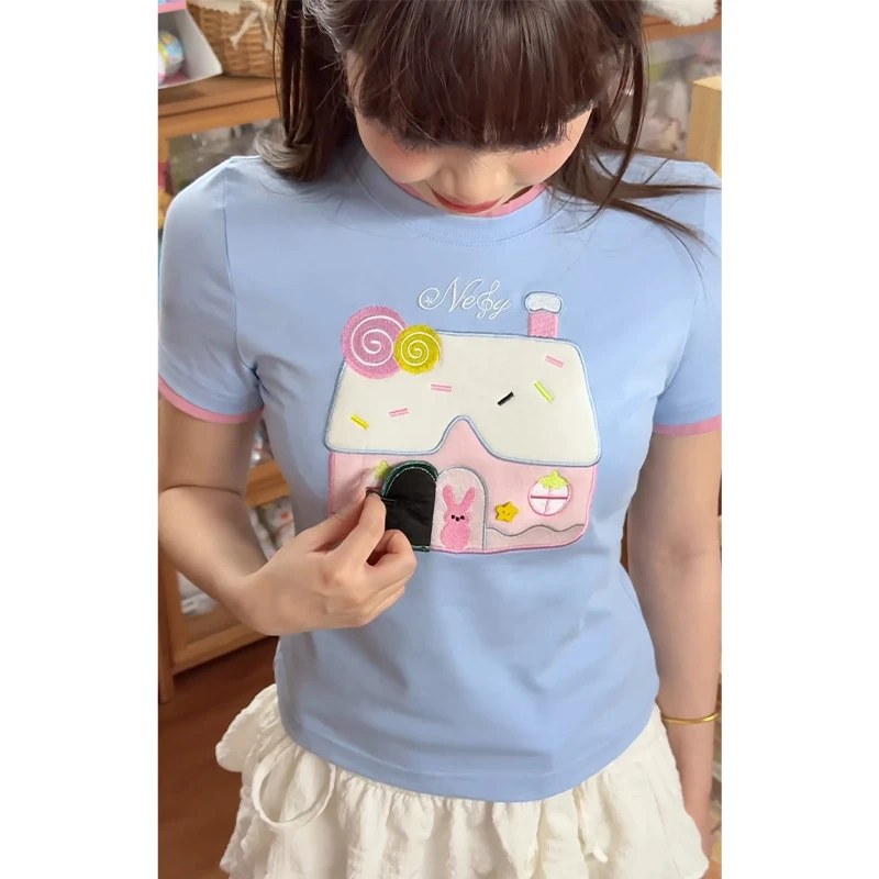 NELY小尼力创意糖果屋正肩短袖t恤女夏季短款修身紧身打底衫上衣