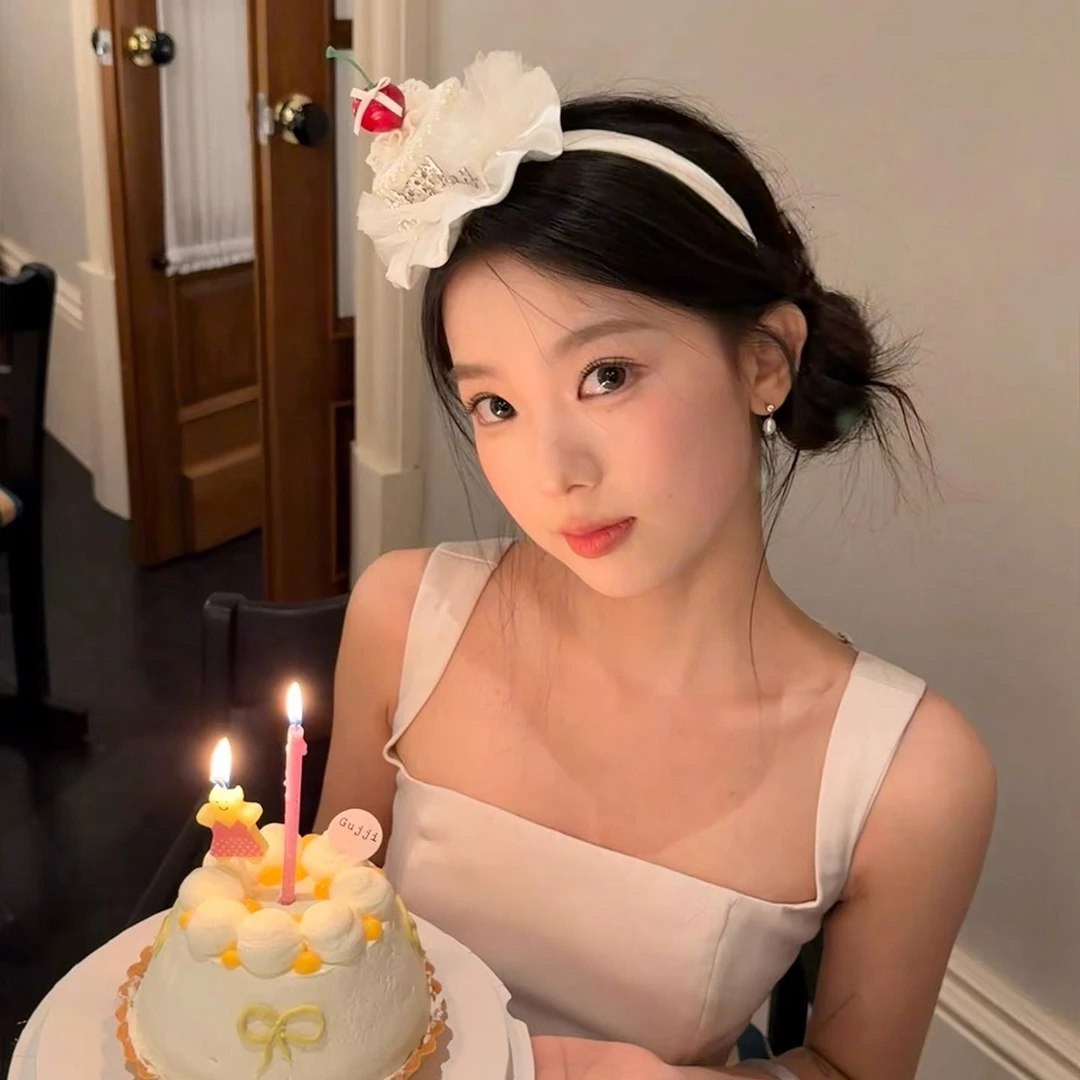 少女樱桃奶油蛋糕发箍米白色网纱珍珠生日帽头箍生日派对拍照发卡