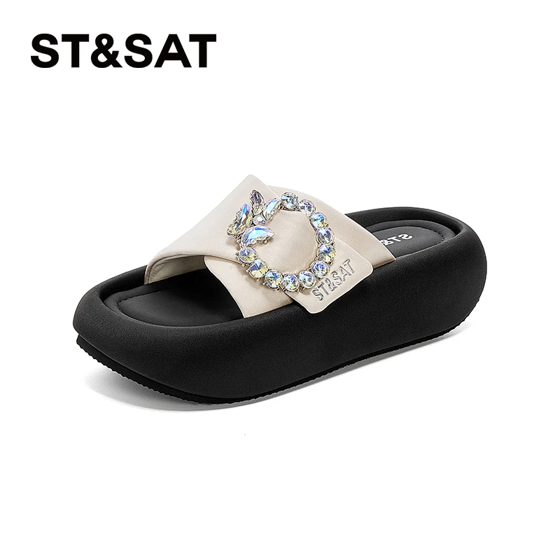 星期六厚底半拖女款2025夏季新款时尚水钻潮流外穿凉拖一字沙滩鞋