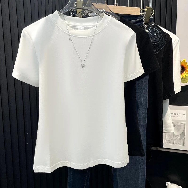 2025春夏新款洋气大码上衣圆领修身显瘦打底衫白色内搭短袖T恤女
