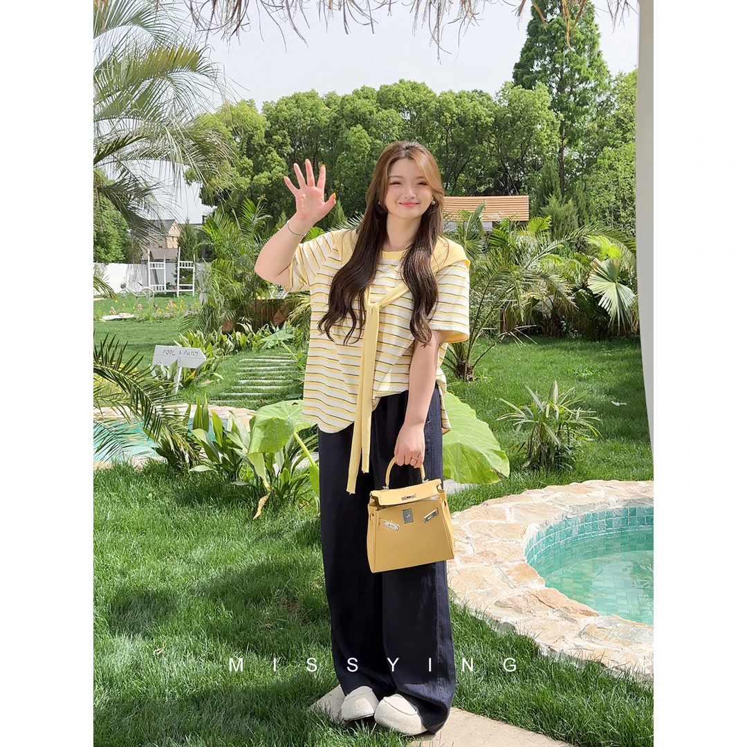 应小姐【韵律条纹】微胖大码韩系时尚宽松休闲显瘦条纹短袖T恤+披肩