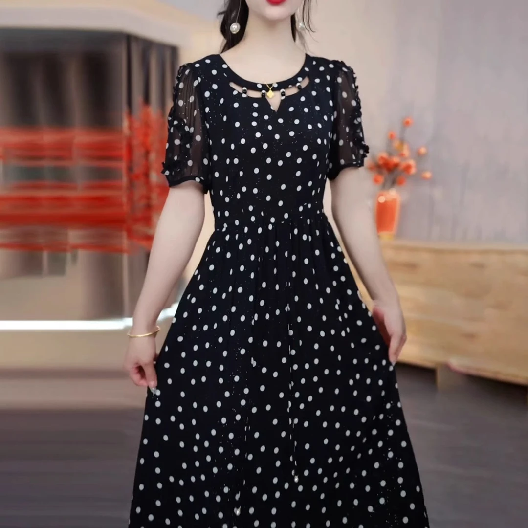 2025夏季新款短袖波点圆领连衣裙收腰显瘦气质名媛裙5375#