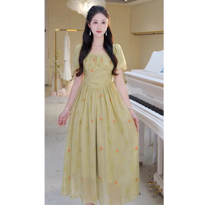 【橙花】法式小清新初恋仙女绿色碎花连衣裙800462