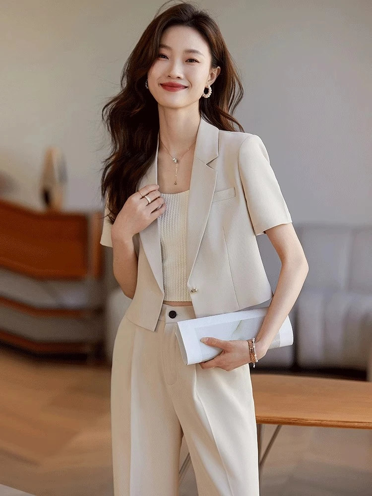 纯色纽扣短款短袖女韩版米白西装修身薄款女神范名媛