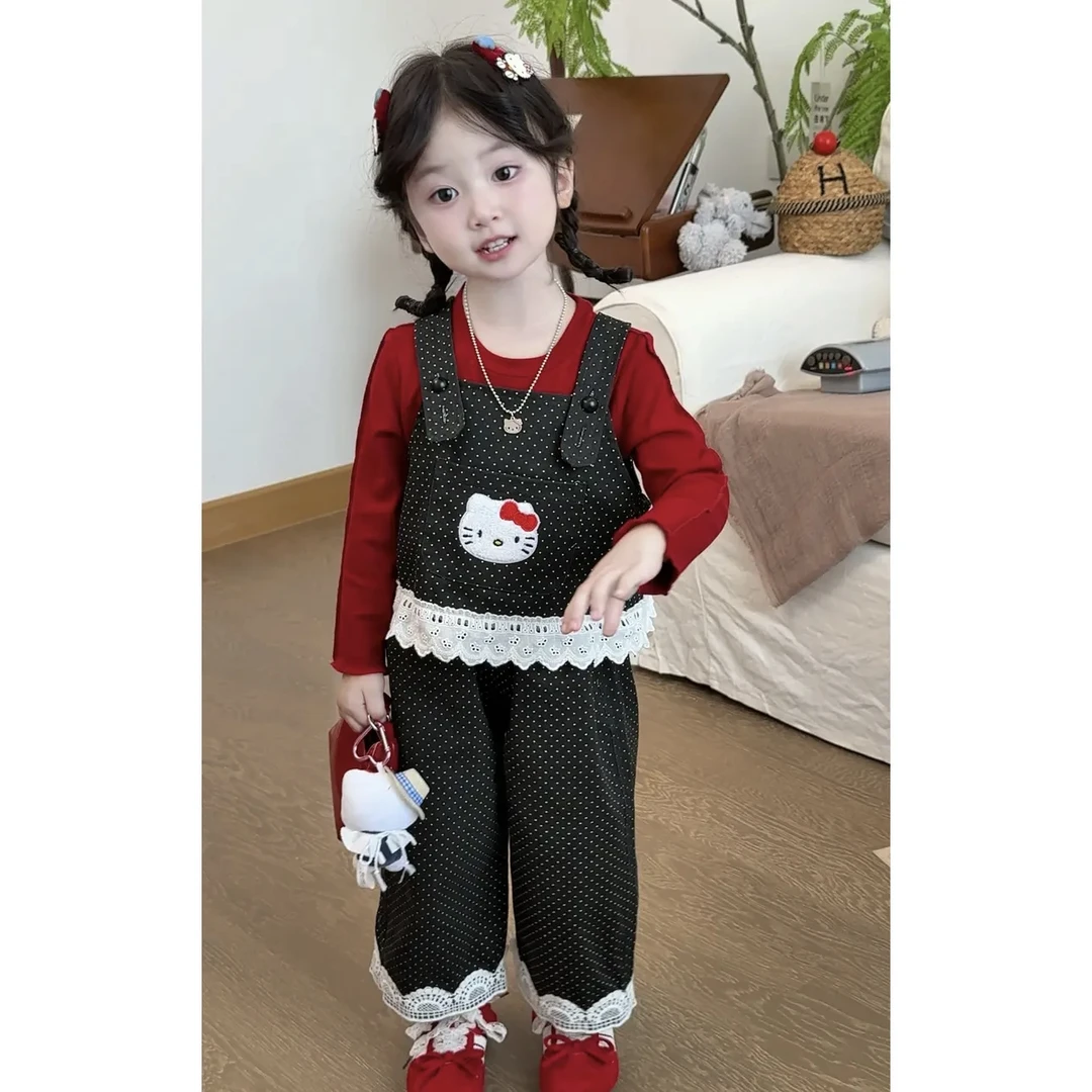 女童套装2025秋季新款女童小童韩版小猫波点背带吊带花边长裤套装