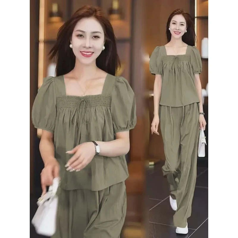 2025夏季新款大码休闲方领衬衫长裤两件套女显高减龄洋气时尚套装