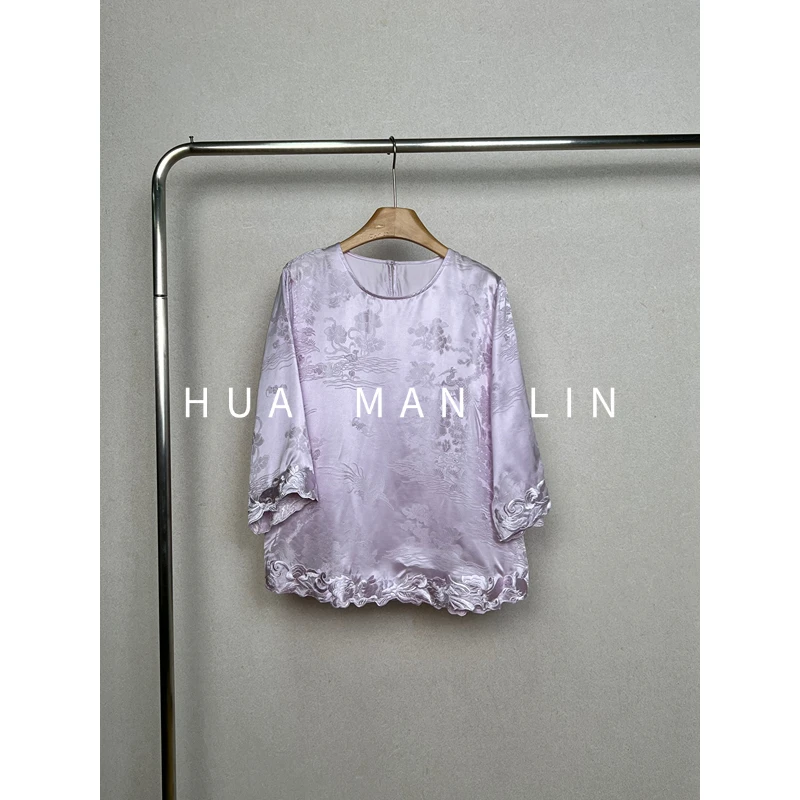 【花滿林】圆领袖口下摆重工刺绣35MM提花缎真丝桑蚕丝上衣259038