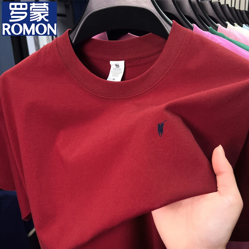 罗蒙100%纯棉马标男士刺绣短袖t恤夏季新款圆领百搭纯色短袖T恤衫