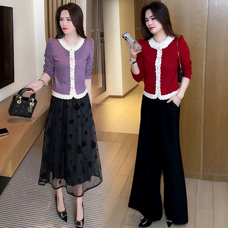 立体花边V领拼接红色长袖打底衫女春季2025新款洋气显瘦修身上衣