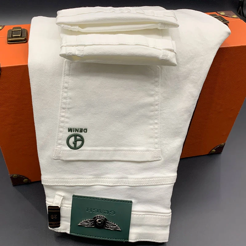 法帝卡尔克高端百搭时尚潮流男士白色牛仔裤弹力修身小脚长裤子