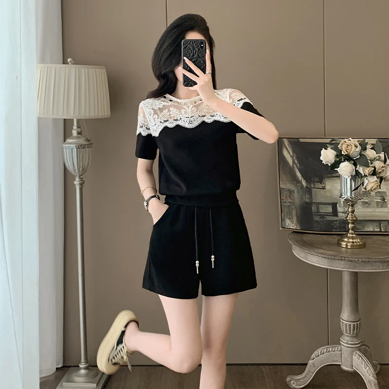休闲风时尚套装蕾丝拼显瘦气质洋气夏季减龄短袖高级感穿搭两件套